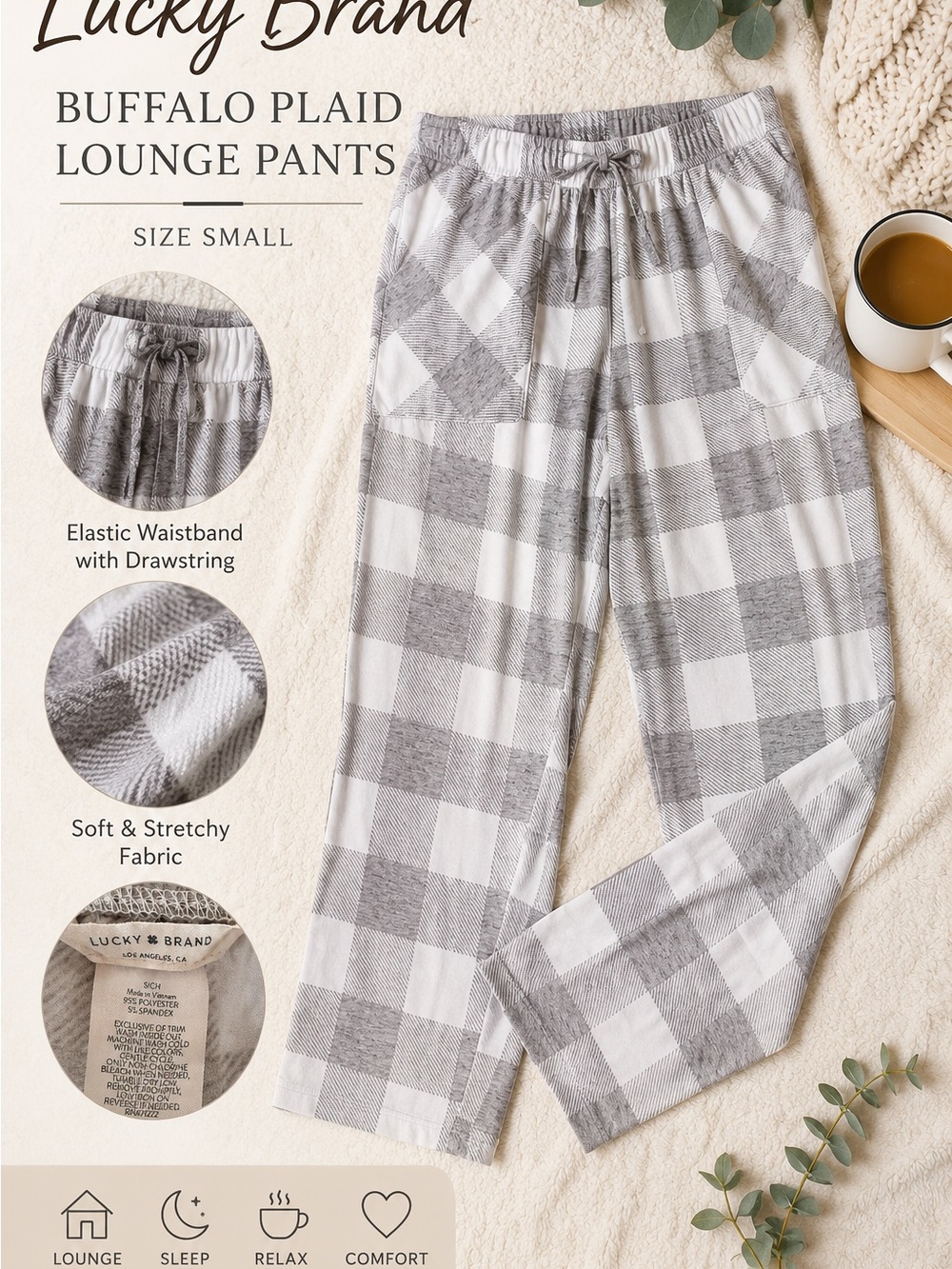 Lucky Brand Buffalo Plaid Lounge Pants Gray & White size S